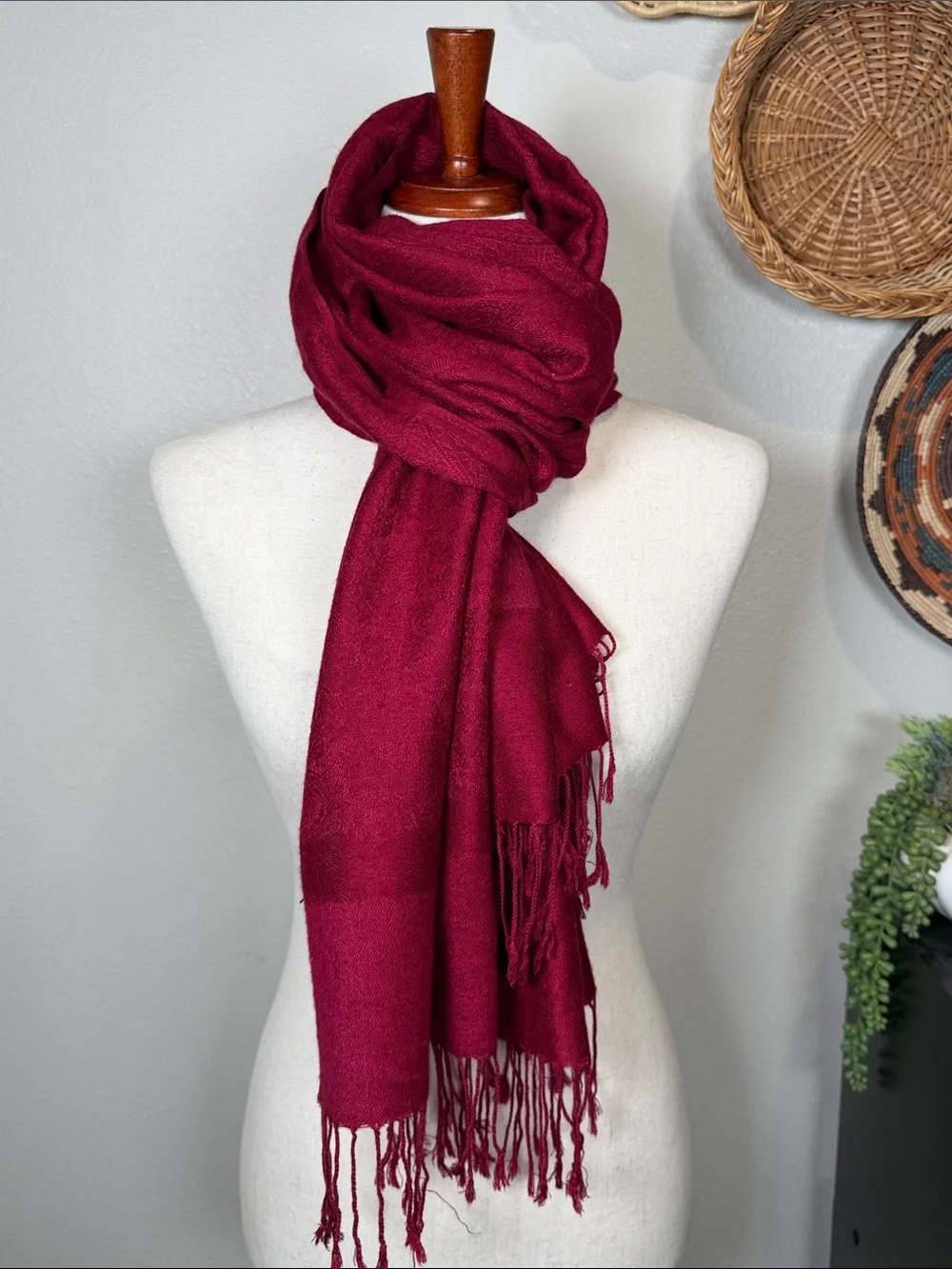 Pashmina Silk Scarf Red Raspberry with Tassels Fringe